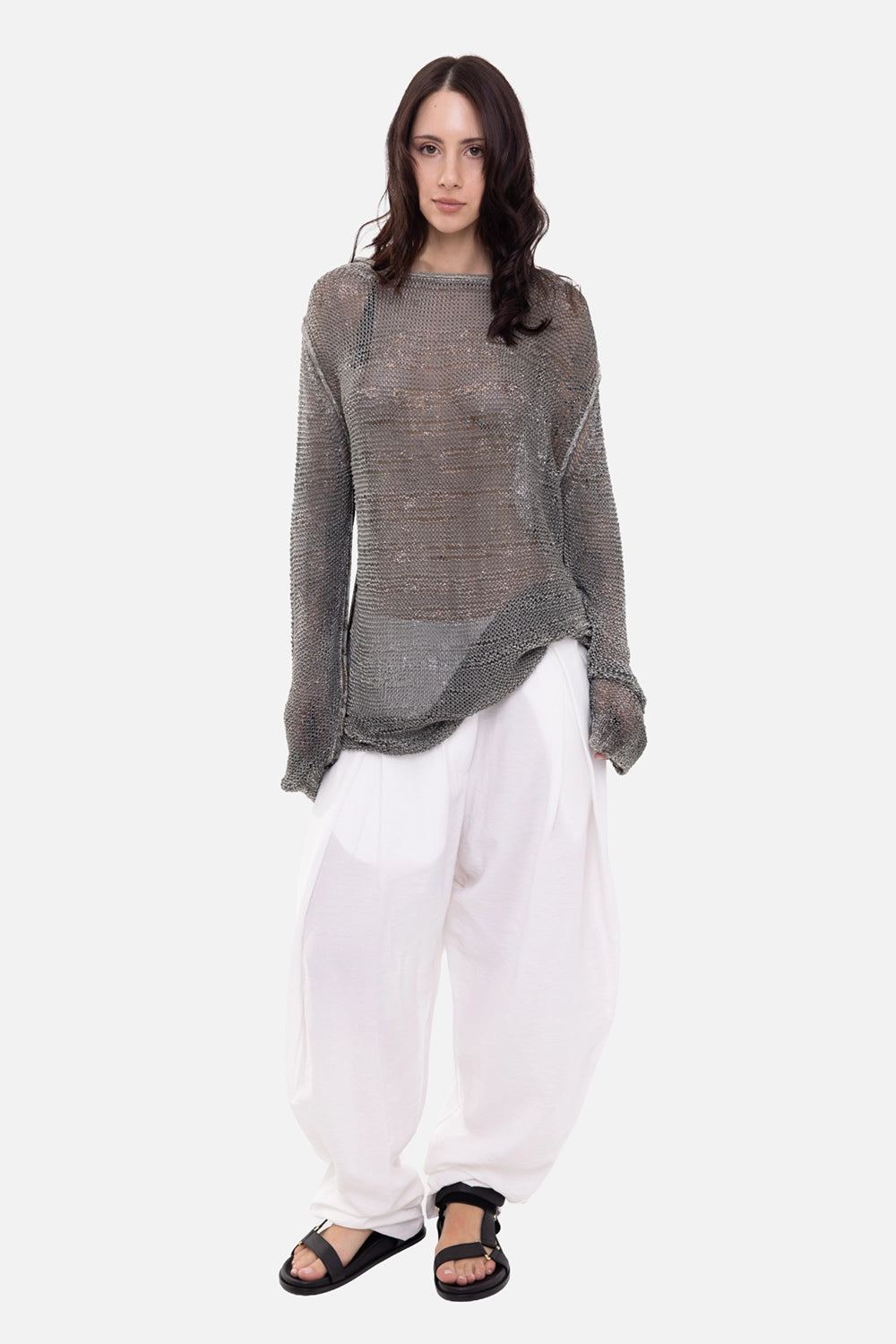 Giovanni Cavagna women's trousers in white, on-model full length, relaxed balloon legs and sheer knit styling