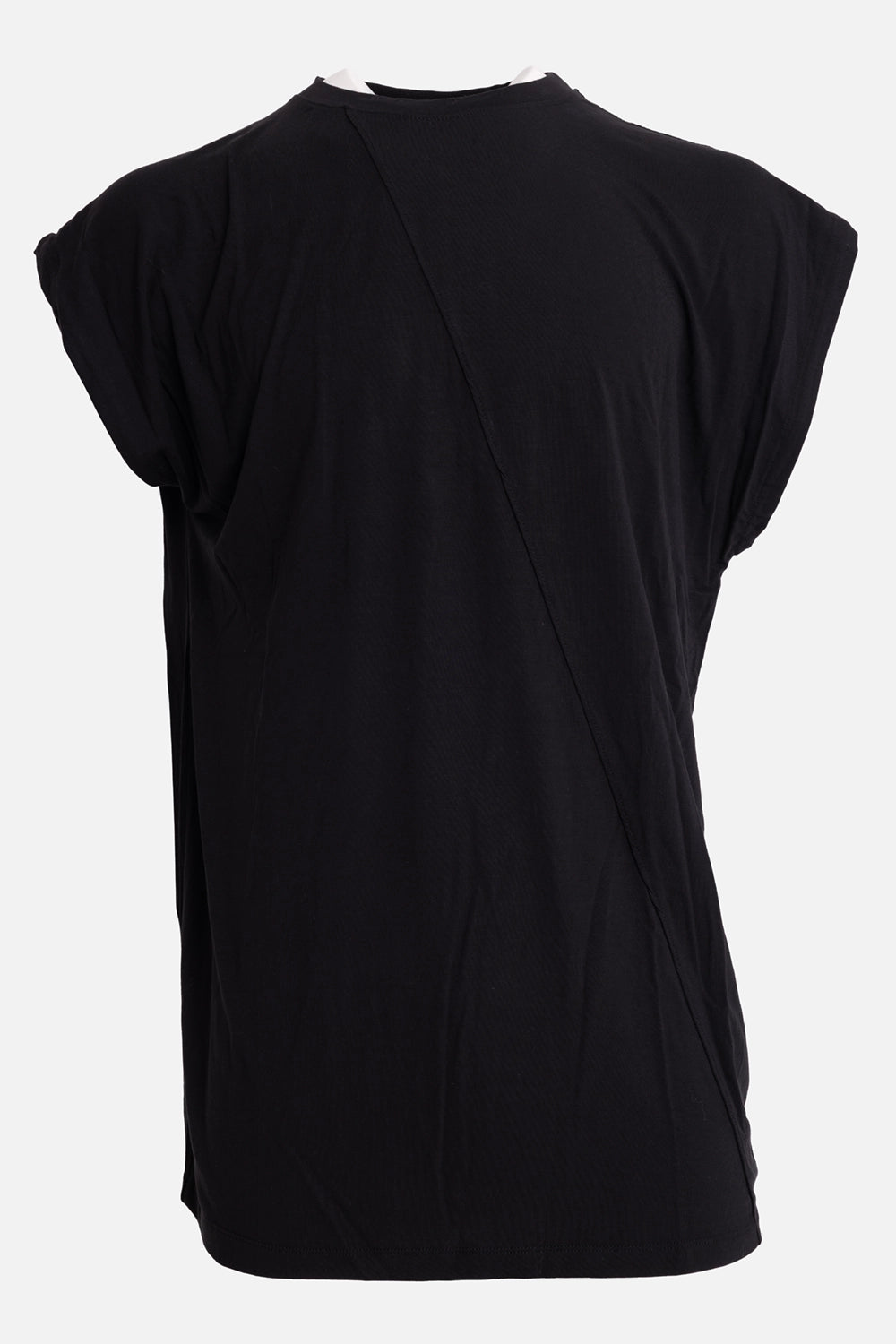LA HAINE INSIDE US men's bamboo tank top in black, front view, diagonal seam and extended cap sleeves