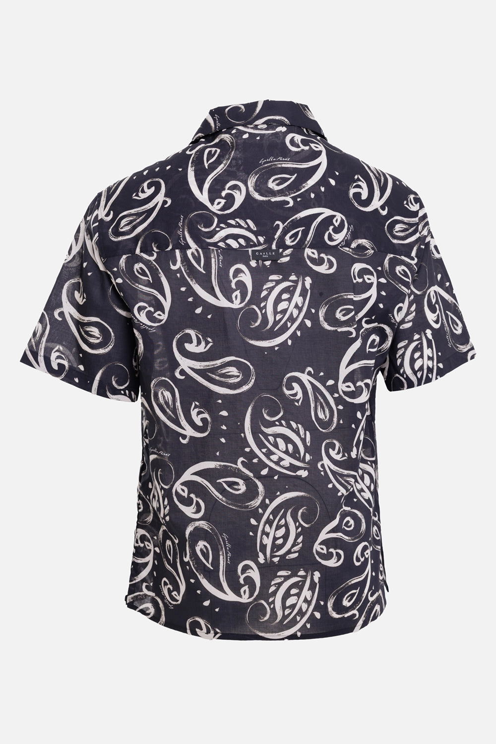 Gaëlle Paris men's bowling shirt in black, back view, allover cream paisley print and rear yoke