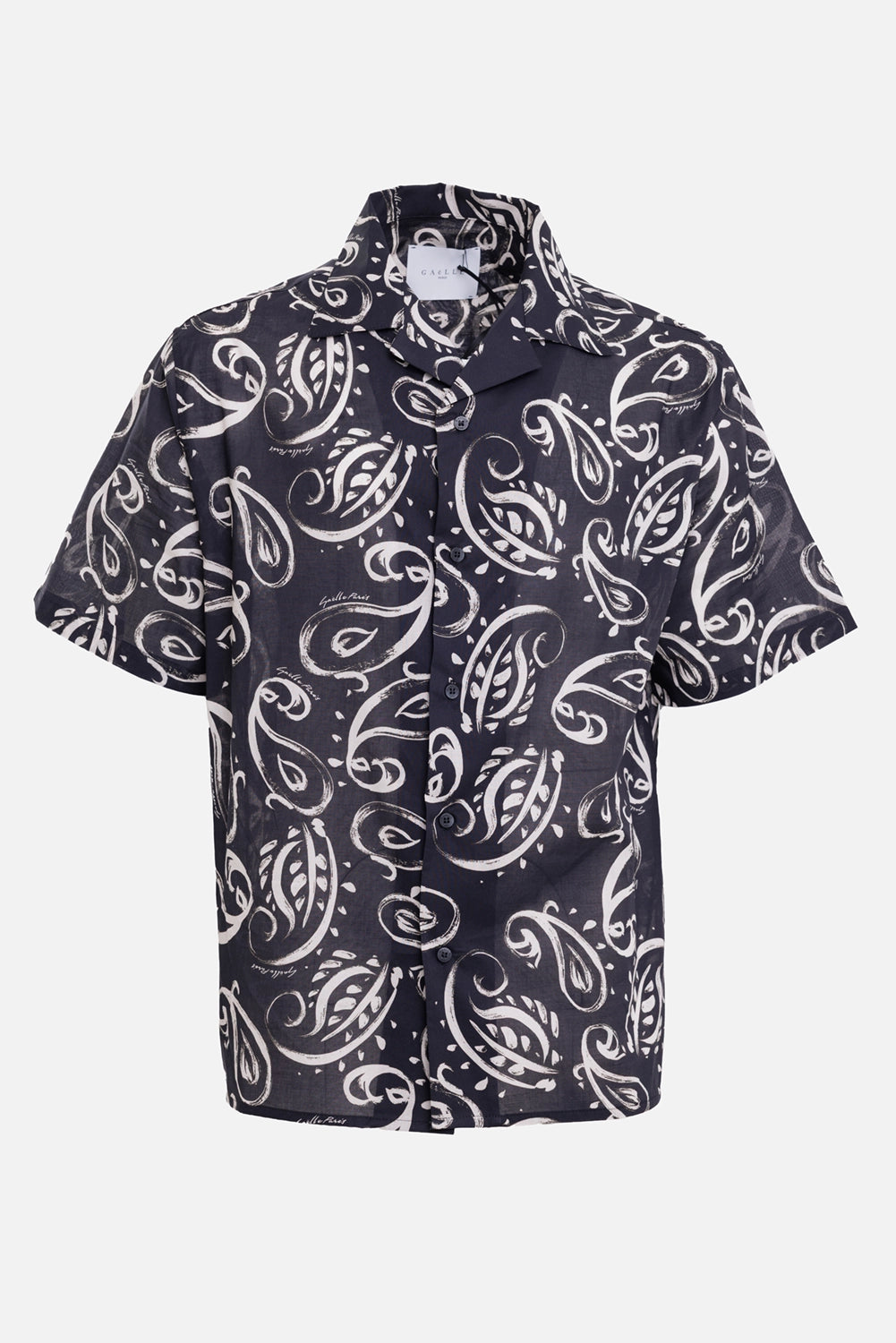 Gaëlle Paris men's bowling shirt in black, front view, camp collar, button front and paisley print