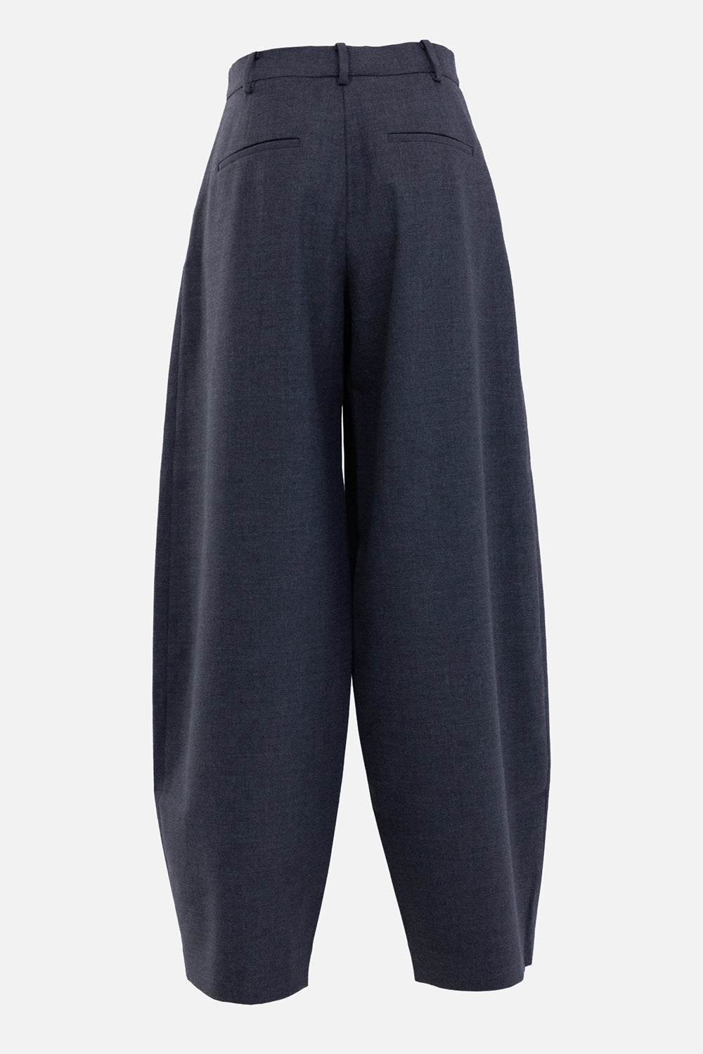 By Malene Birger women's dark grey Povilanna trousers, back view with welt pockets and curved barrel legs
