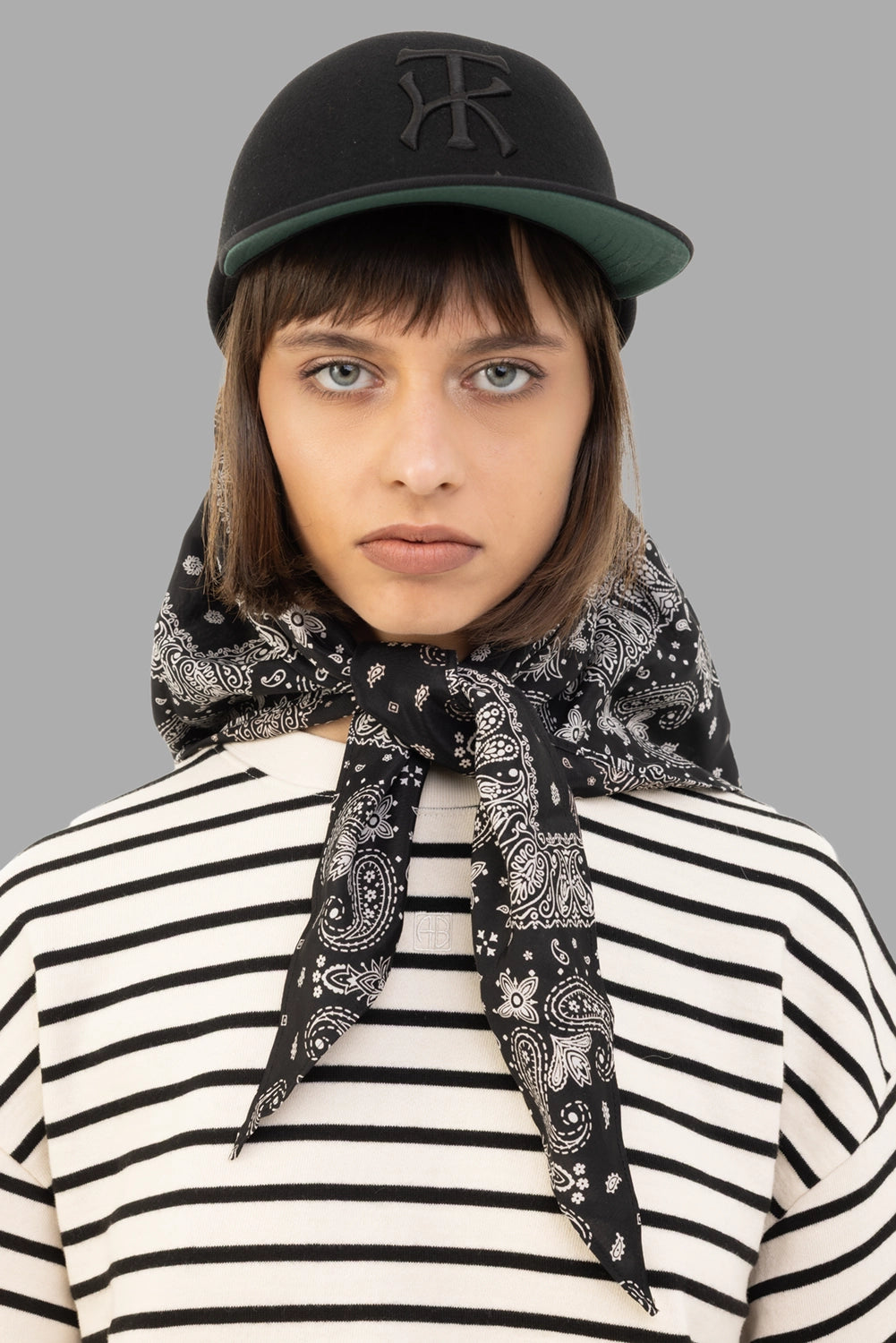 KIJIMA TAKAYUKI unisex baseball cap in black, front view, green underbrim and paisley scarf