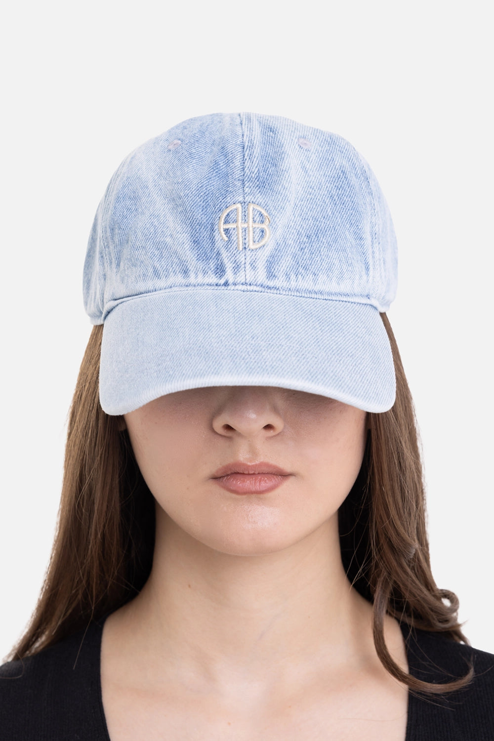 ANINE BING baseball cap in bleached blue denim, front view, ivory AB embroidery and curved brim