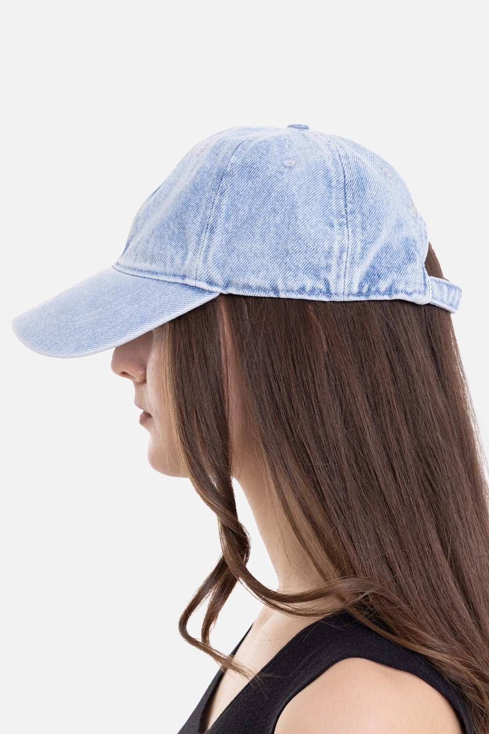 ANINE BING baseball cap in bleached blue denim, side view, curved brim and six-panel stitching