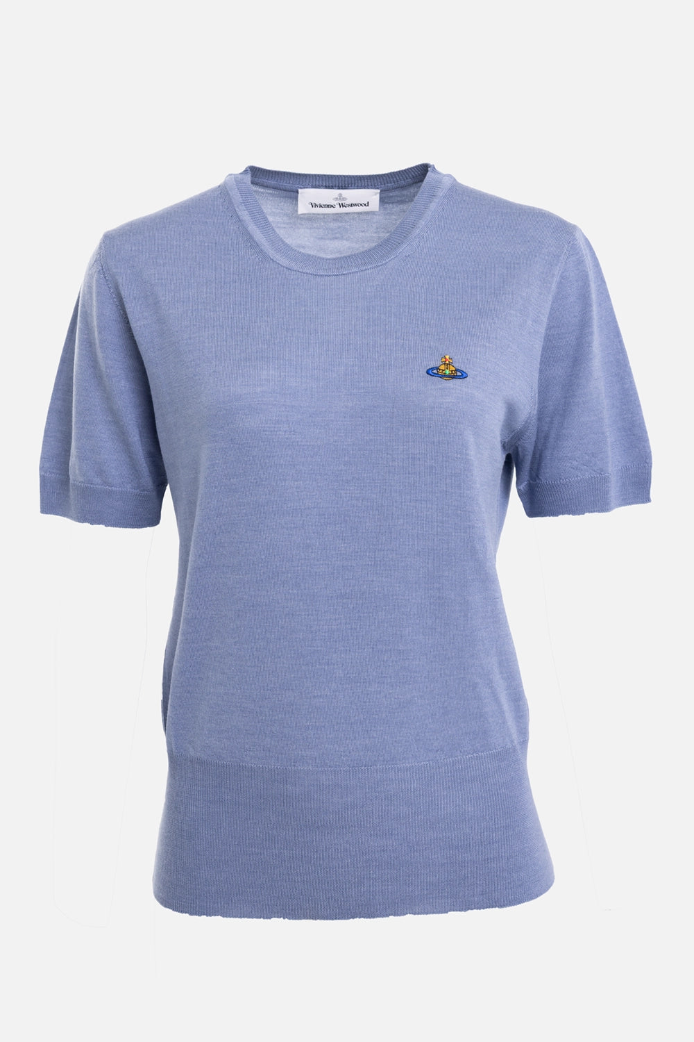 Vivienne Westwood women's Bea knit top in ice blue, front view with multicoloured Orb embroidery