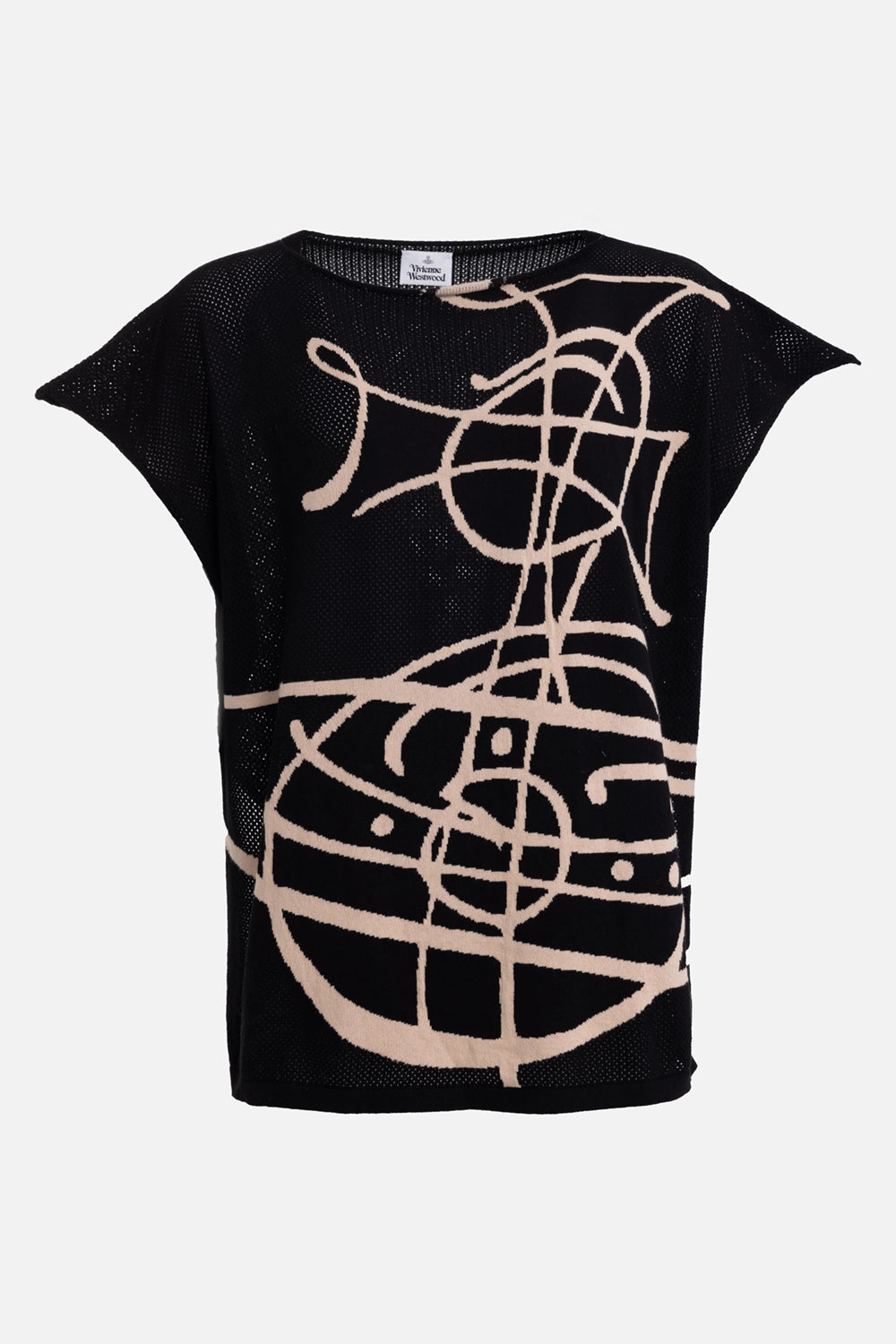 Vivienne Westwood unisex beach top in black, front view, beige Graffiti Orb intarsia and cap sleeves