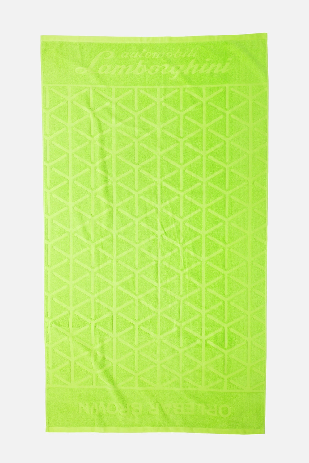 Orlebar Brown unisex beach towel in Verde Mantis, front view, tonal reticolo jacquard with Automobili Lamborghini script