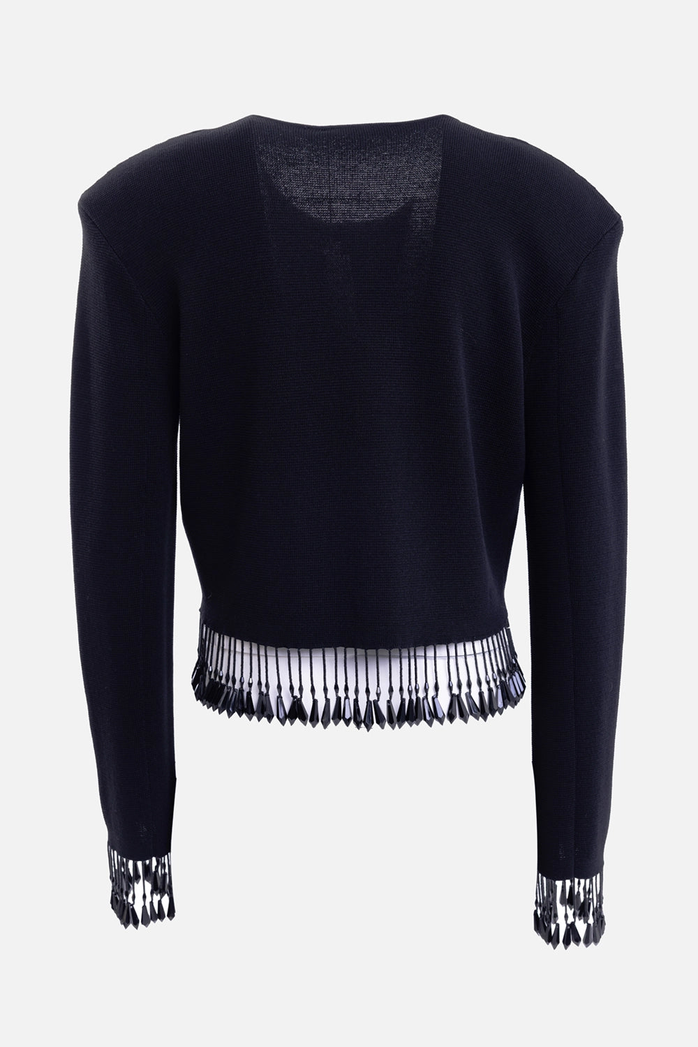 By Malene Birger women's black cardigan, back view with structured shoulders and fringe-trimmed cuffs