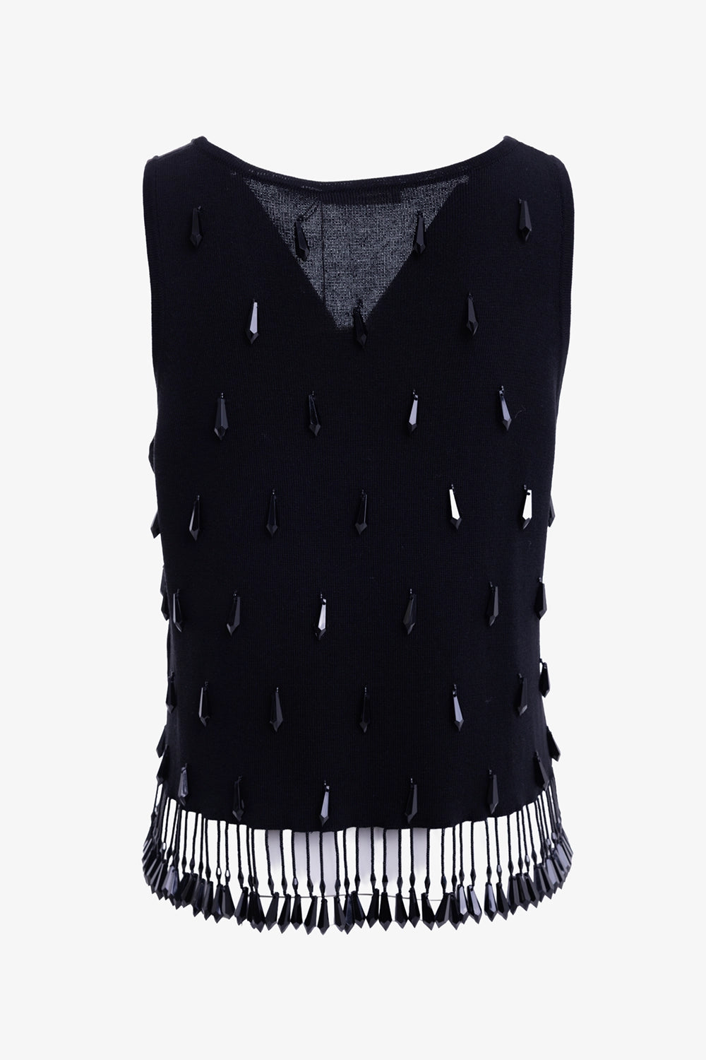 By Malene Birger women's black tank top, back view with geometric beads and long beaded tassels