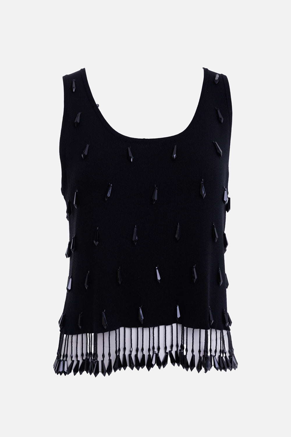 By Malene Birger women's black tank top, front view with scoop neck, scattered beads and fringe hem