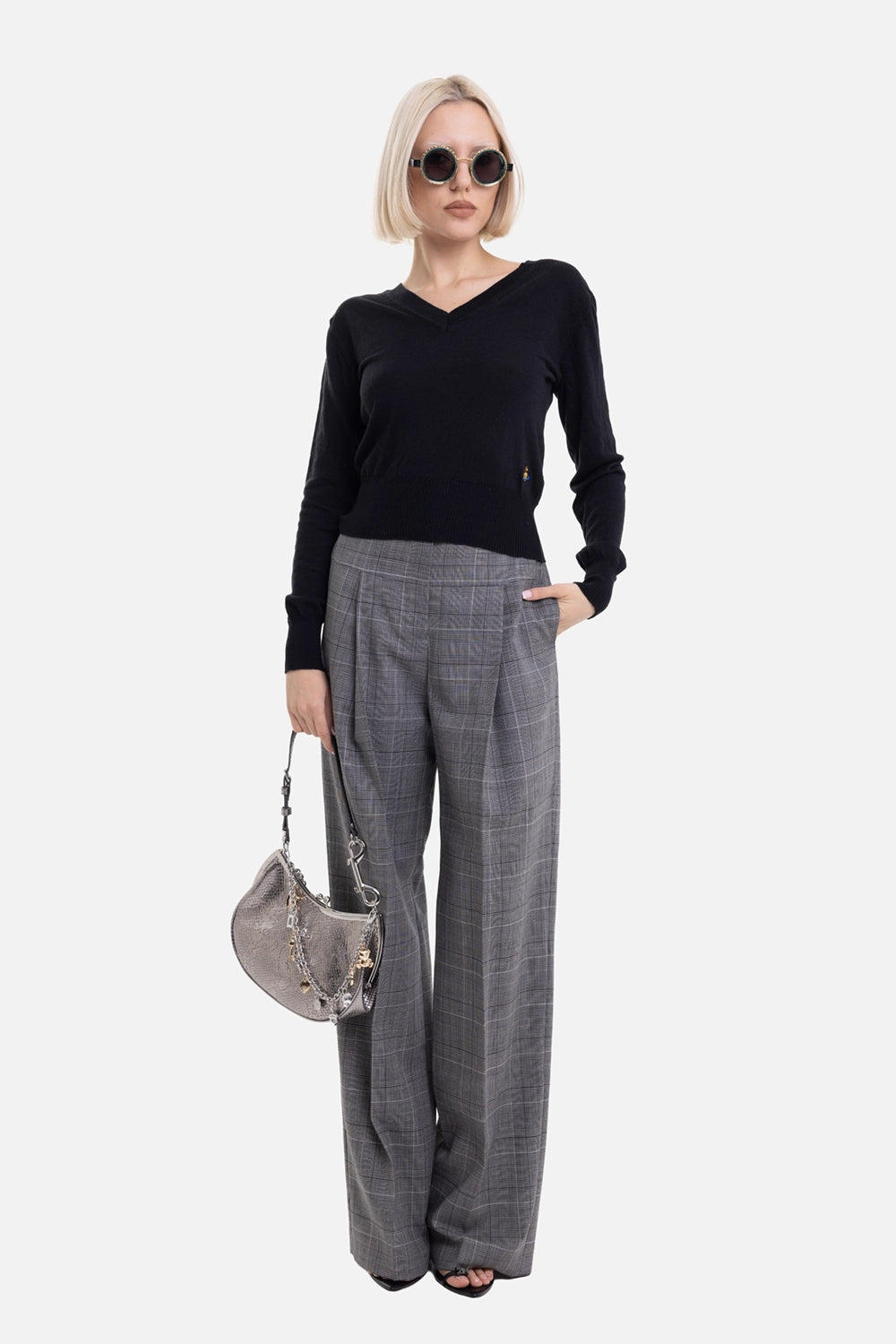 Vivienne Westwood women's V-neck jumper in black, on-model full-length with ribbed cuffs and small Orb embroidery