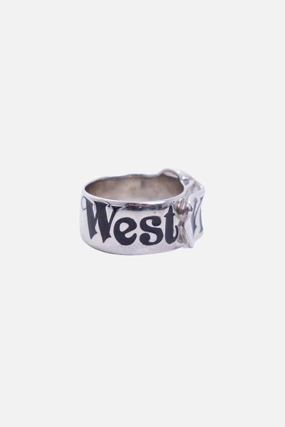 Vivienne Westwood women's Belt ring in platinum, back view with black enamel West lettering and thick polished band
