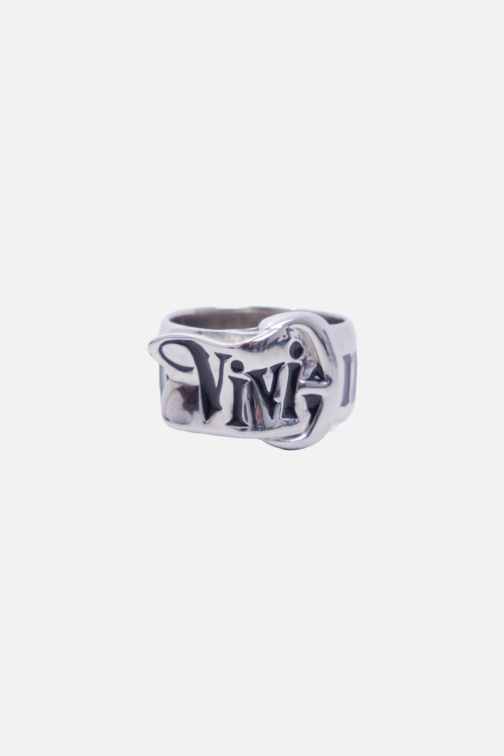Vivienne Westwood women's Belt ring in platinum, front view with raised buckle and black enamel Vivi lettering
