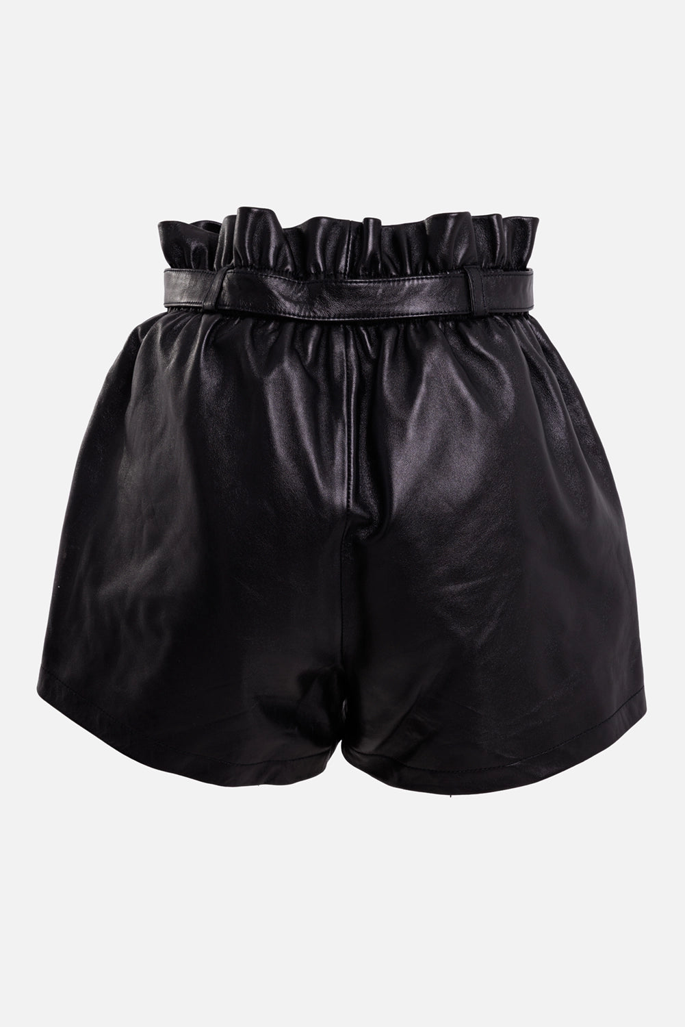 Saint Laurent women's leather shorts in black, back view with gathered waist, slim belt and smooth leather