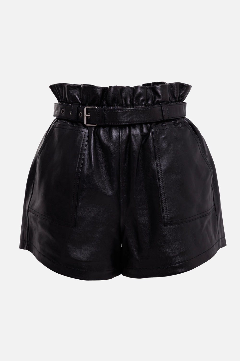 Saint Laurent women's leather shorts in black, front view with paperbag waist, belt and patch pockets