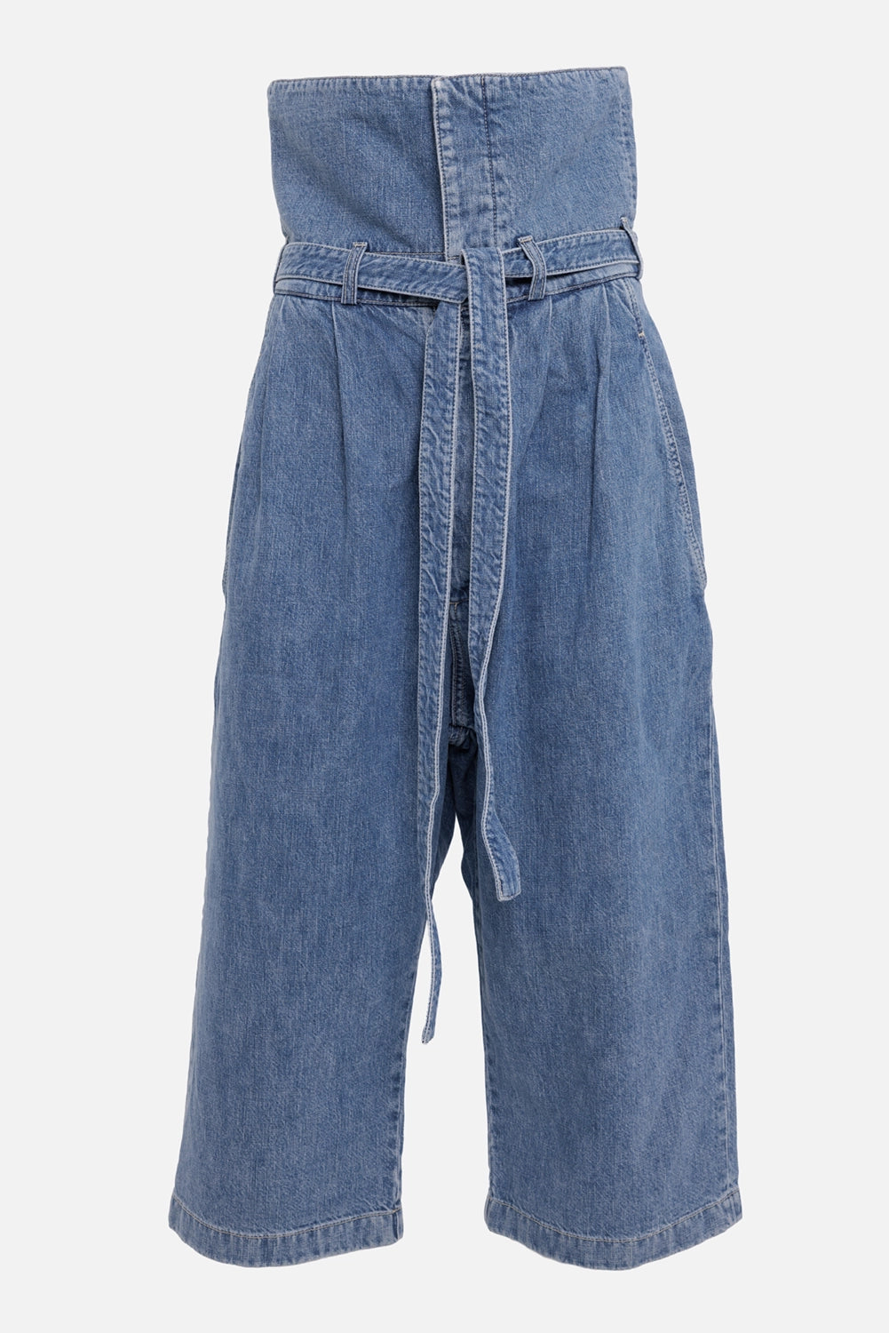 Loewe women's denim culottes in blue, front view with fold-over waist, self-tie belt and wide cropped legs