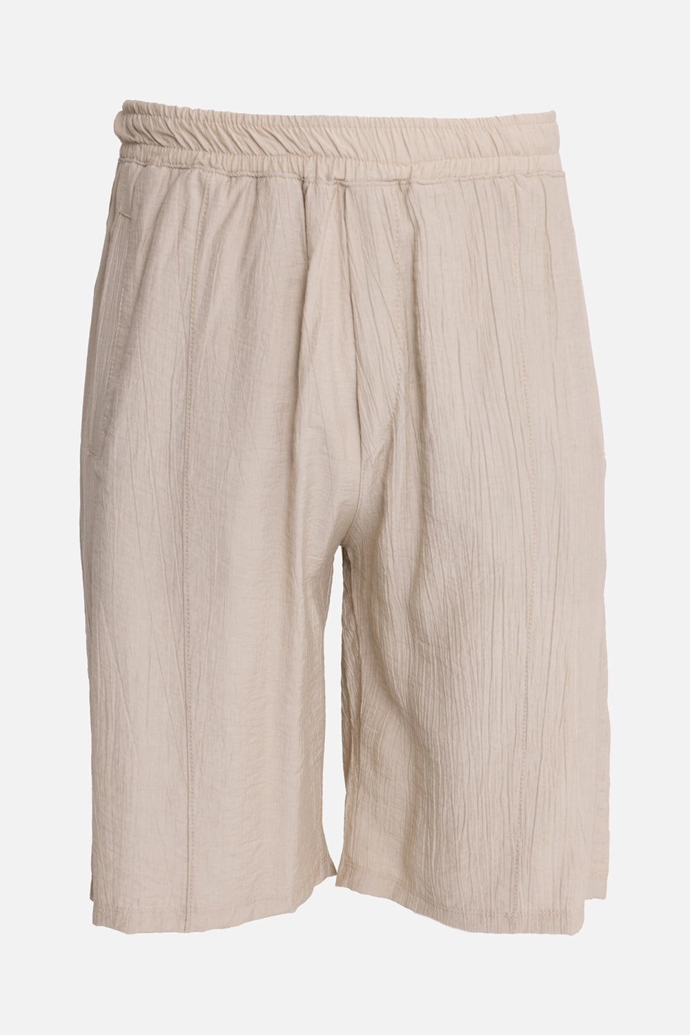La Haine Inside Us men's Bermuda shorts in beige, front view, elastic waistband and vertical seams
