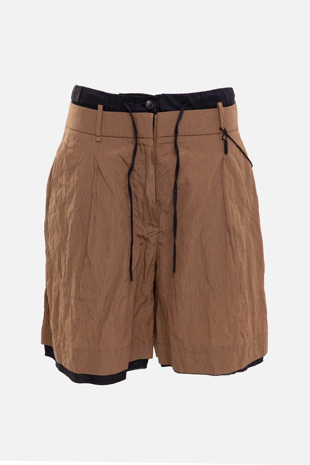 Masnada women's bermuda shorts in copper, front view, black waistband with drawstrings and pleated front