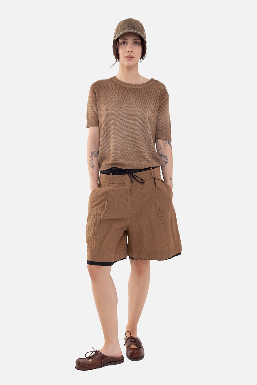 Masnada women's bermuda shorts in copper, on-model full length, black drawstring waist and layered hem