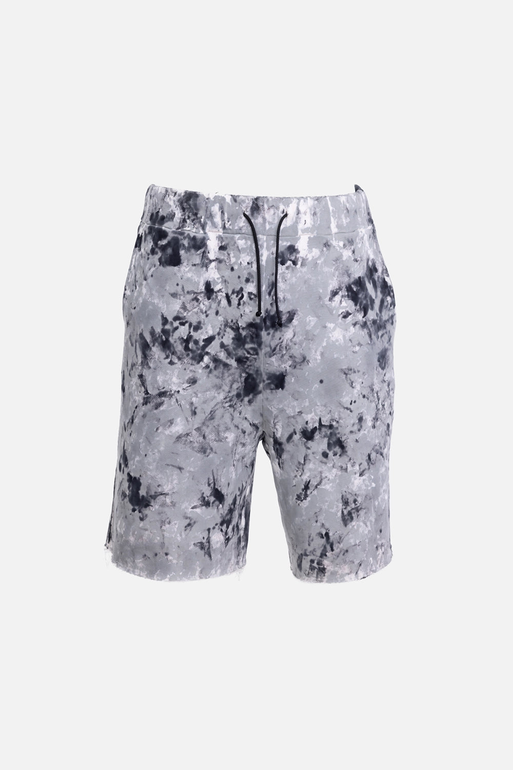 Avant Toi men's bermuda shorts in grey, front view, abstract black marbled print with drawstring waist