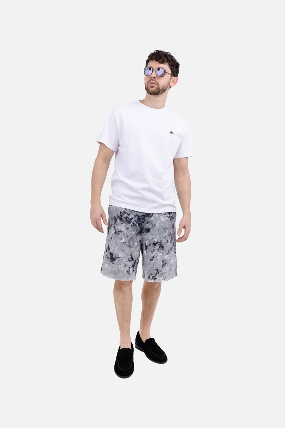 Avant Toi men's bermuda shorts in grey, on-model full-length, relaxed fit with raw hem and drawstring