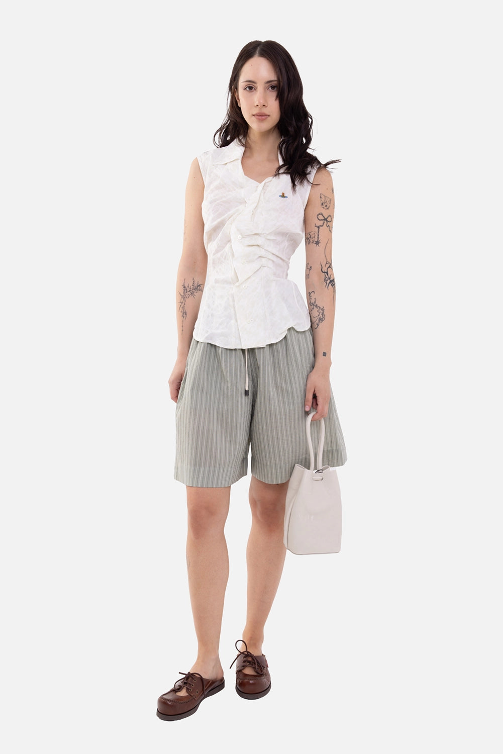 Stella Jean women's Bermuda shorts in military green stripe, on-model full-length view, elastic waist and knee length
