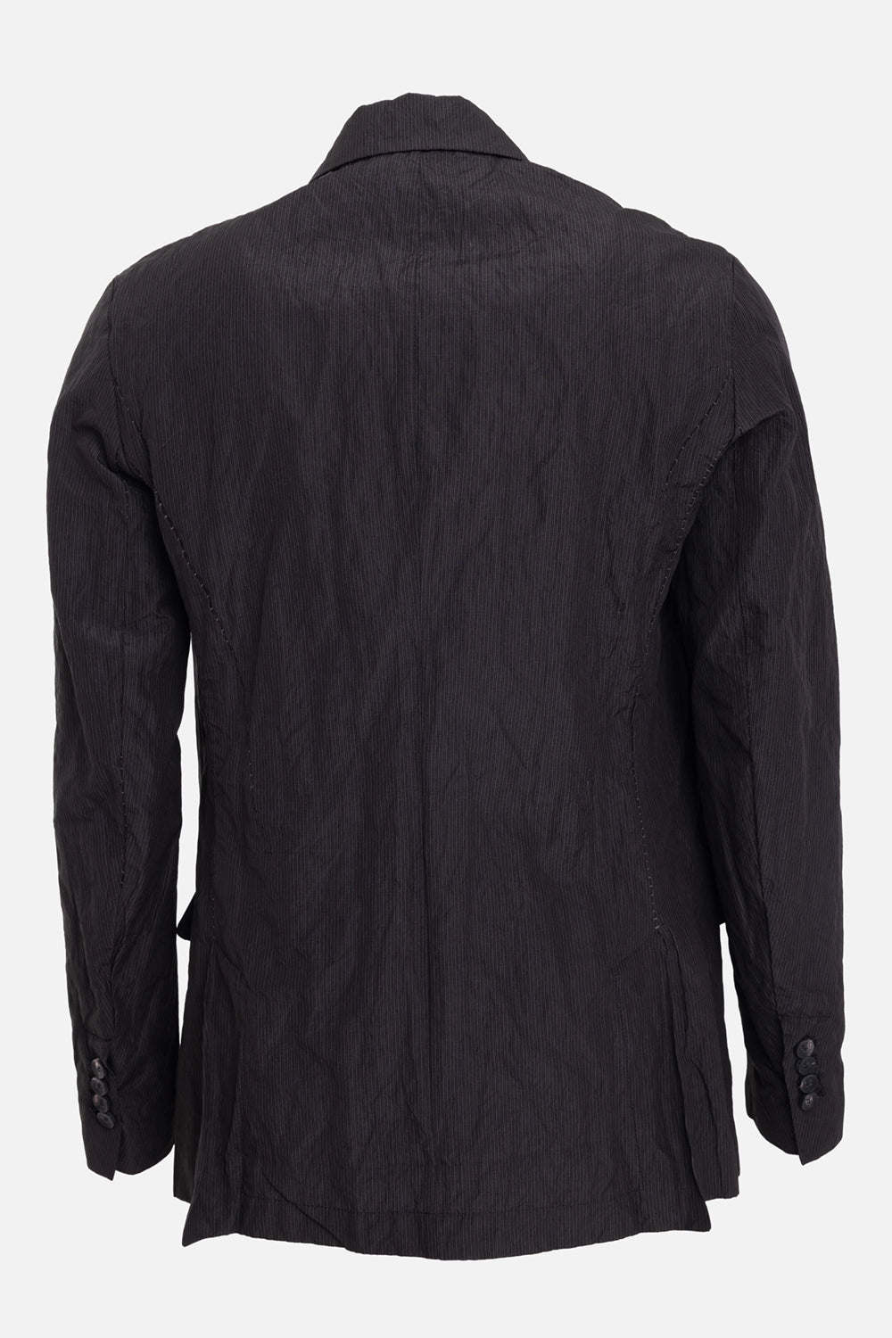 Masnada men's jacket in black, back view with double vents, curved seam stitching and pinstripe texture