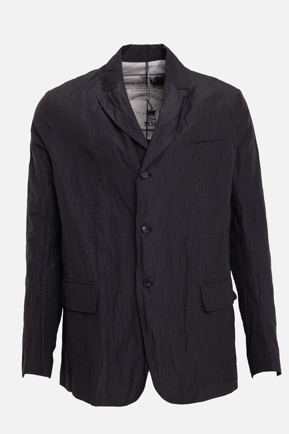 Masnada men's jacket in black, front view with notched lapels, flap pockets and fine pinstripes