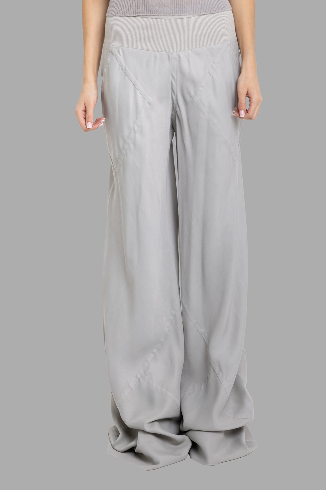 Rick Owens women's pearl Bias pants, front view highlighting diagonal bias seams and soft fluid drape