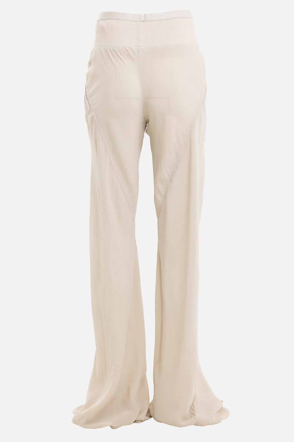 Rick Owens women's Bias pants in Sand, back view, ribbed waistband and diagonal rear seams