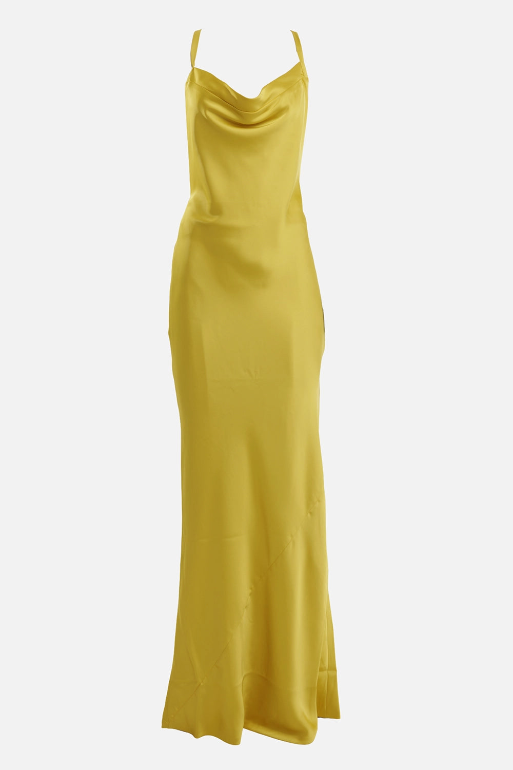 Norma Kamali women's gown in Serene Yellow, front view with cowl neckline and slim shoulder straps