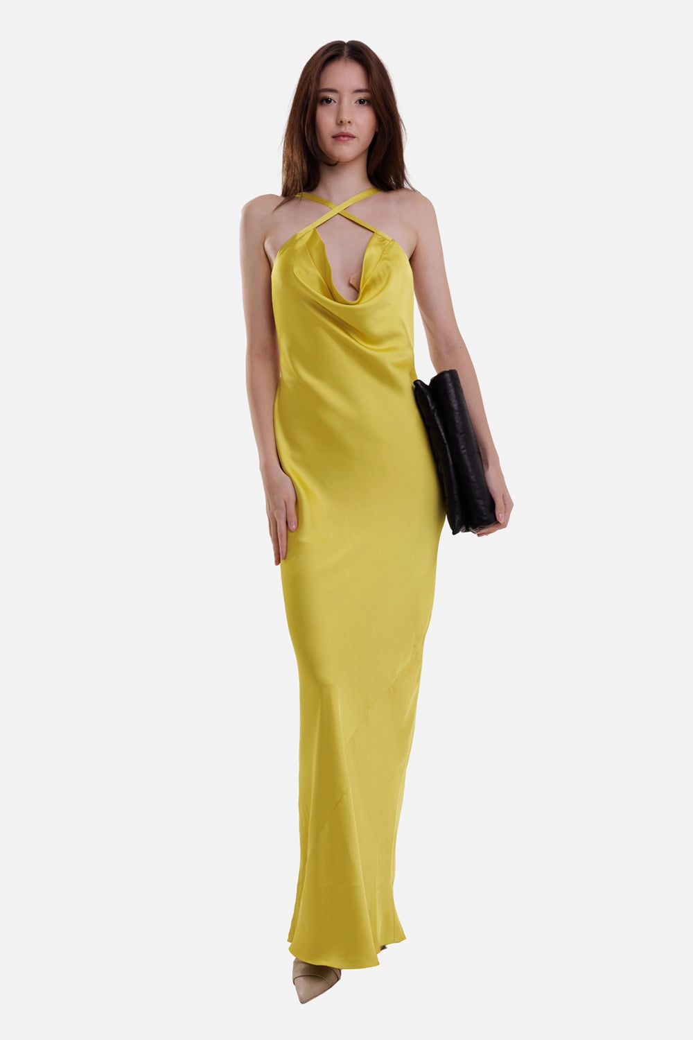 Norma Kamali women's gown in Serene Yellow, on-model view with crossed neckline straps and cowl front