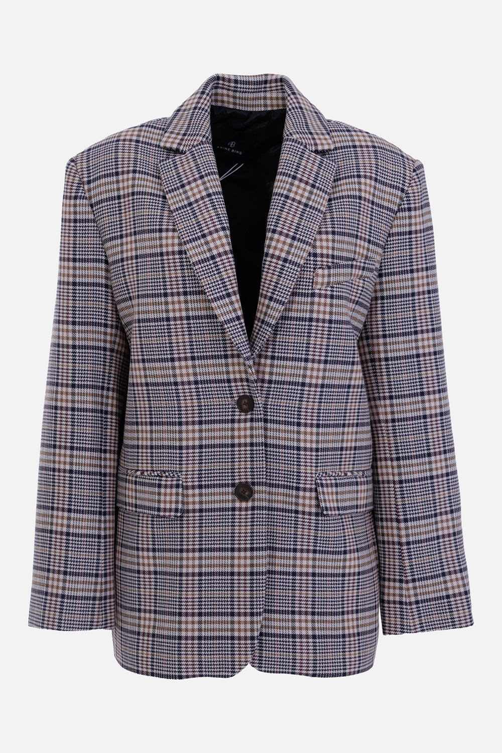 Anine Bing women's beige and navy check blazer, front view with notched lapels, two buttons and flap pockets