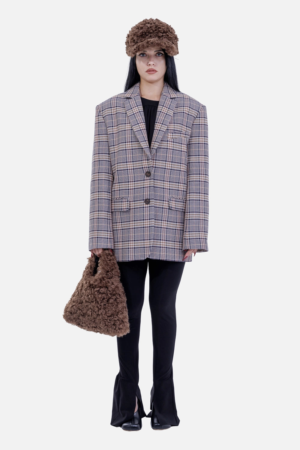 Anine Bing women's beige and navy check blazer, full-length on-model view with oversized fit and padded shoulders