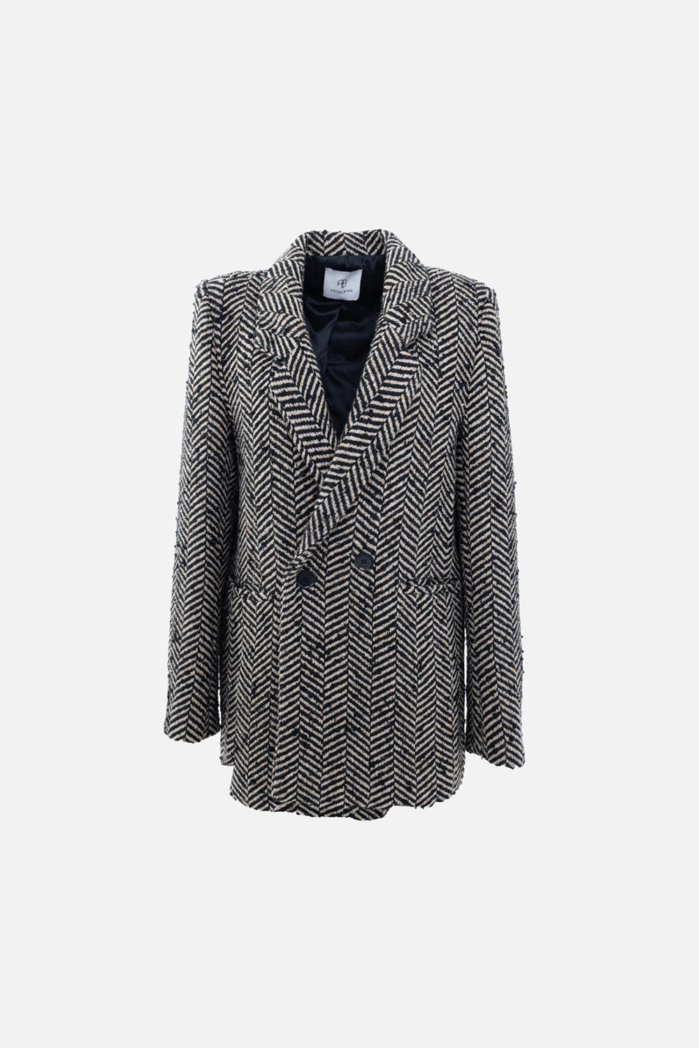 Pre-owned Anine Bing blazer in black and ecru, front view, double-breasted buttons and peak lapels
