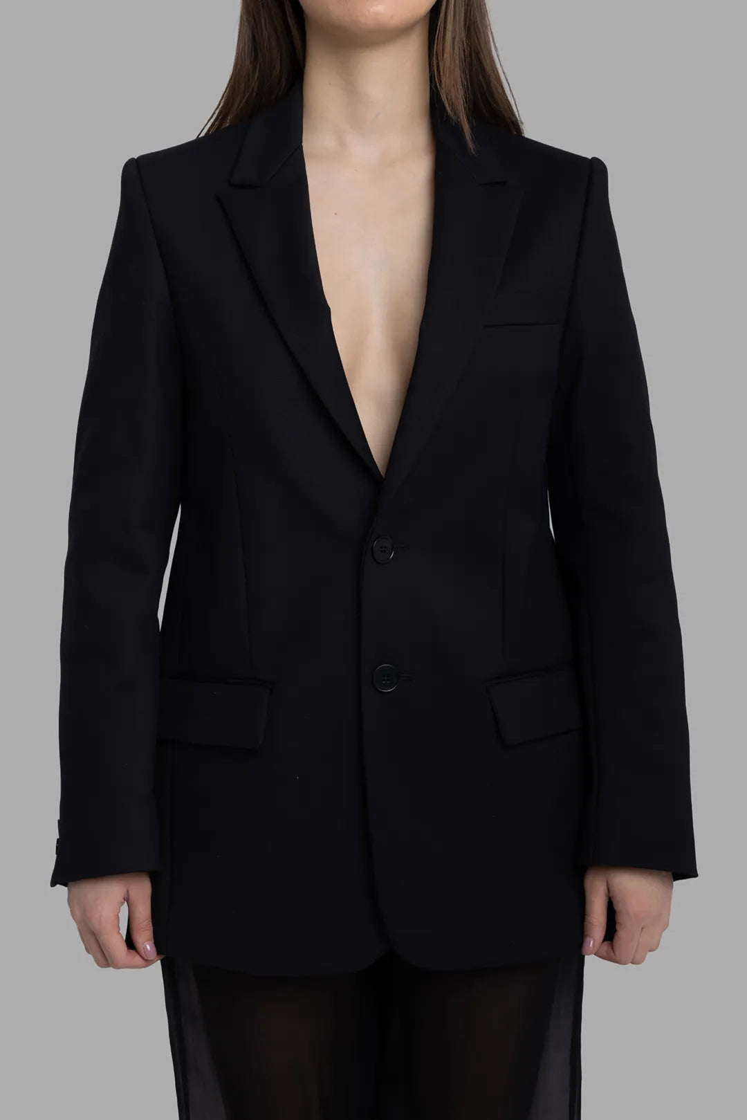 MSGM women's black tailored blazer, front view with notch lapels, two-button closure and flap pockets