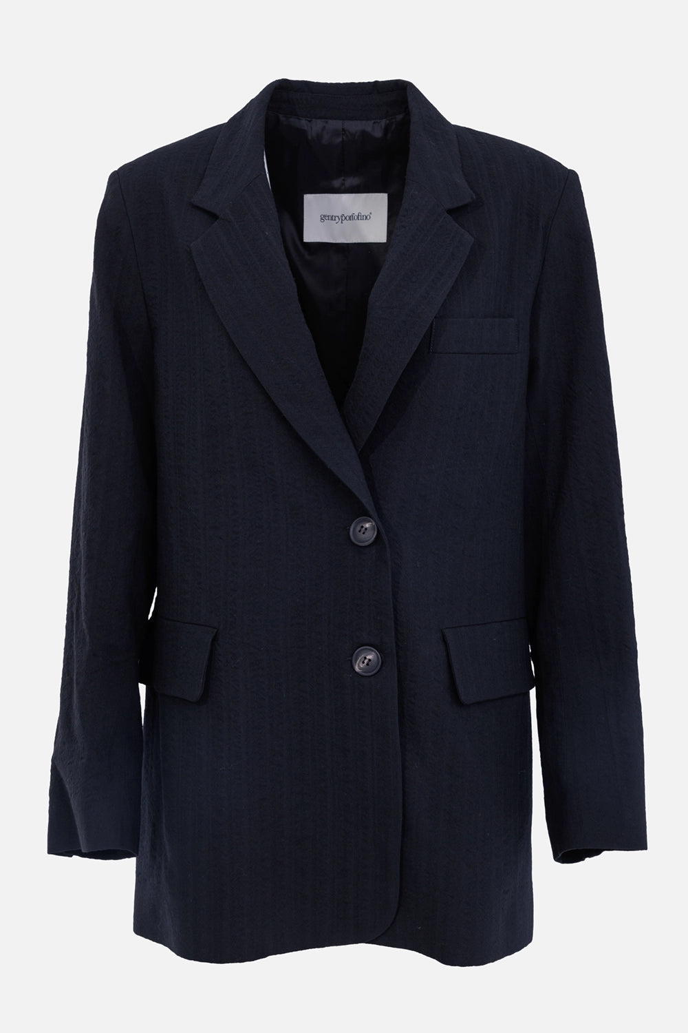 Gentry Portofino women's black blazer, front view with tonal texture, flap pockets and two-button closure