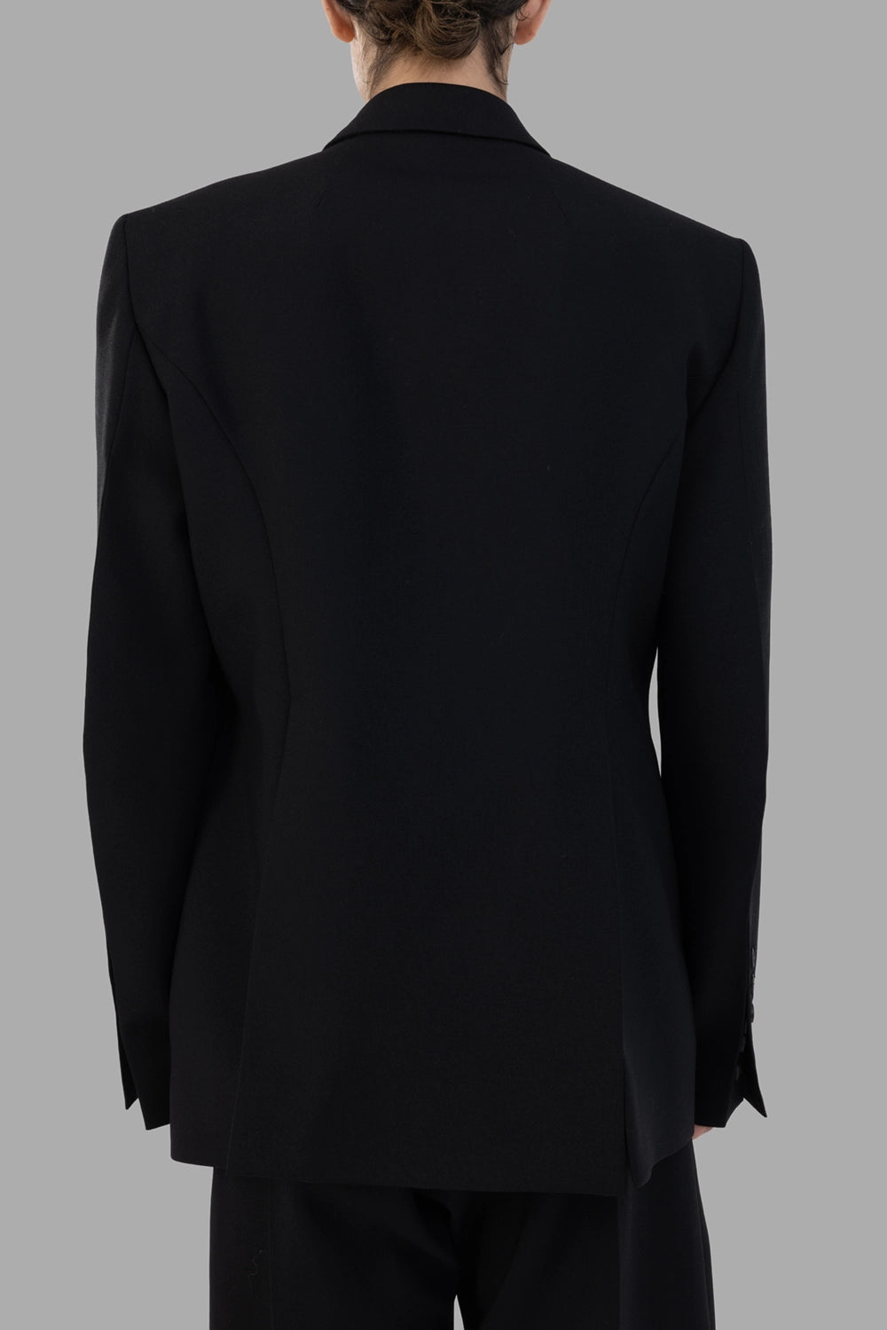 Rick Owens blazer in black, front view, fog breast pockets and single-button closure