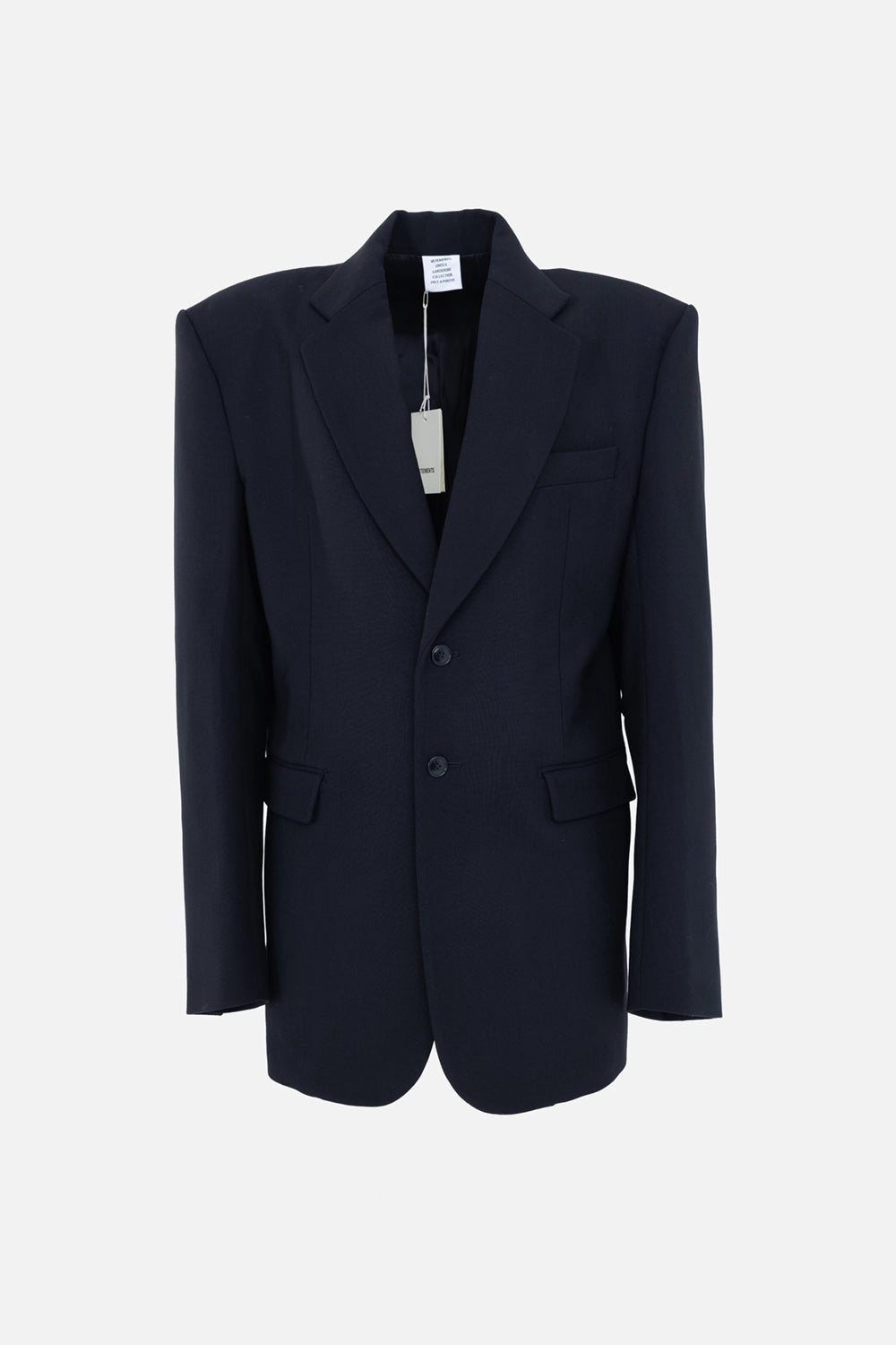 Pre-owned Vetements unisex blazer in black, front view, two-button closure and flap pockets