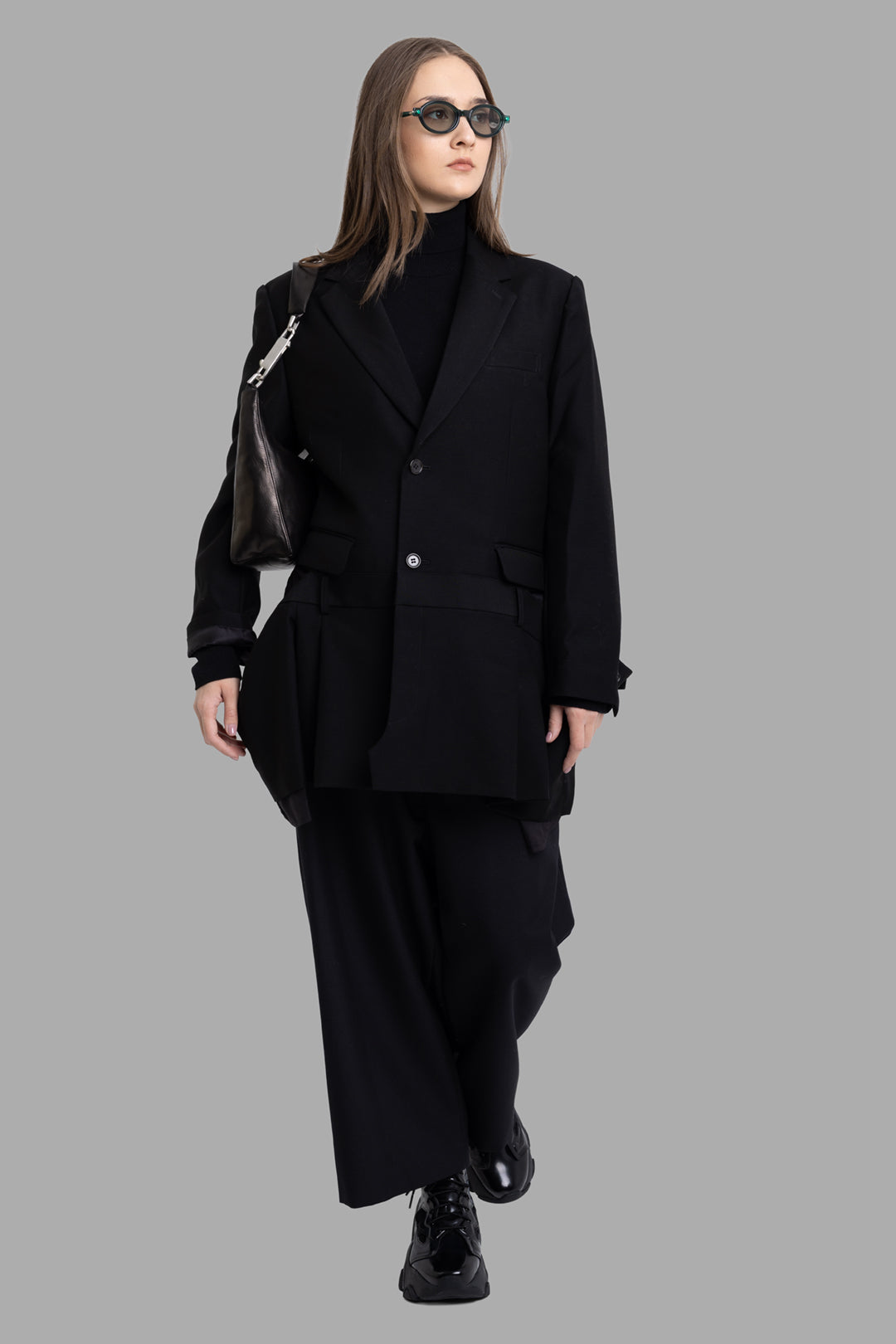 Noir Kei Ninomiya women black blazer, on-model full length, faux trouser waistband and layered hem