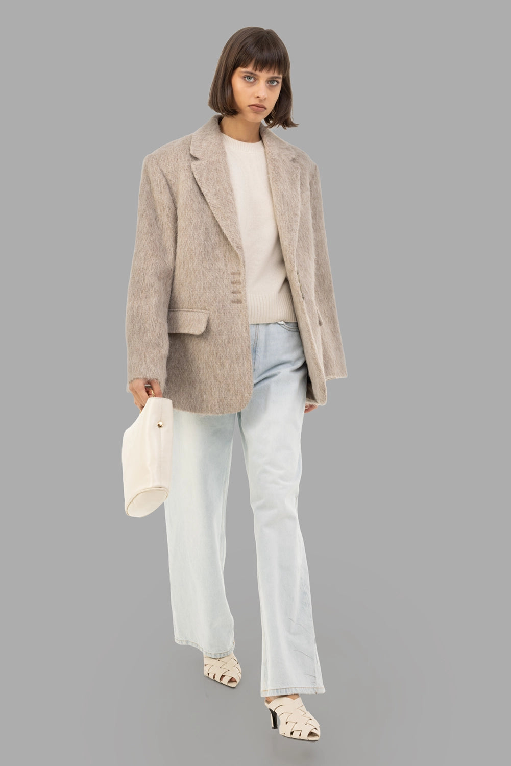 By Malene Birger women blazer in Cobblestone, on-model full length, oversized cut, fuzzy wool-alpaca texture.