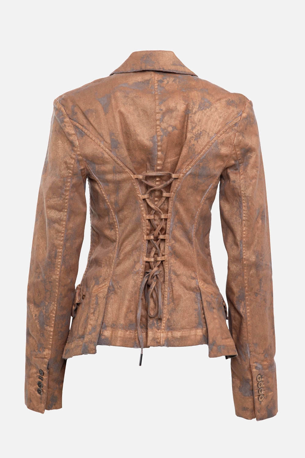 Masnada women's blazer in copper, back view, corset lacing with curved seams and button cuffs