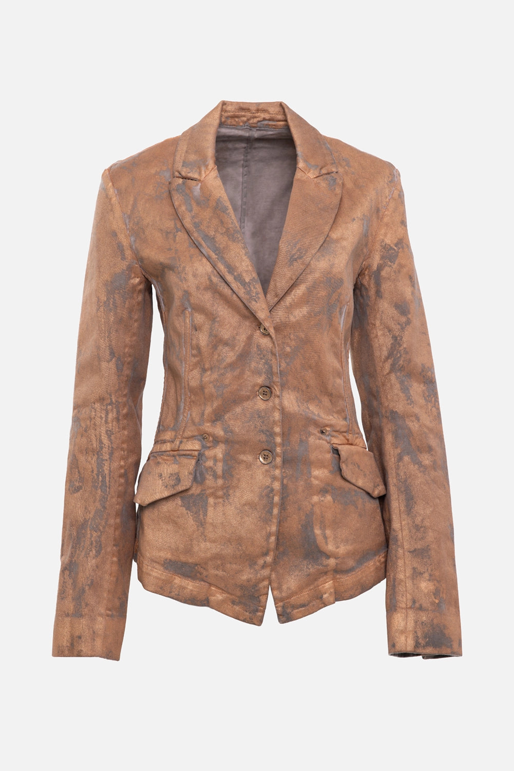 Masnada women's blazer in copper, front view, three-button closure with flap pockets and mottled finish