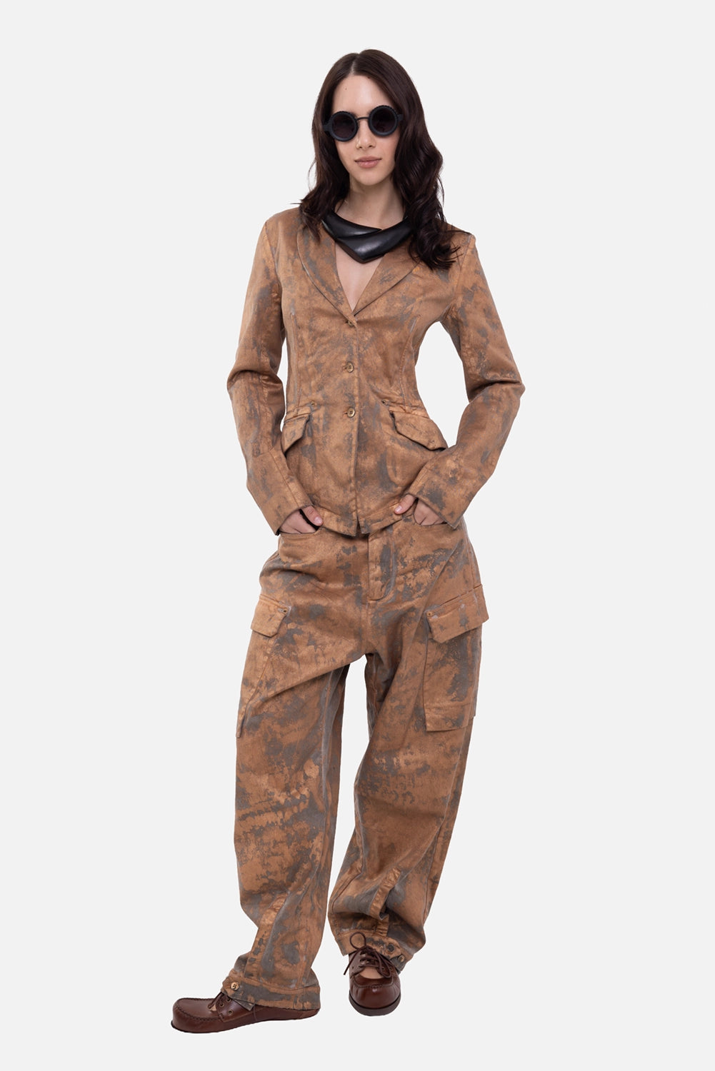 Masnada women's blazer in copper, on-model full length, notched lapels with matching cargo trousers