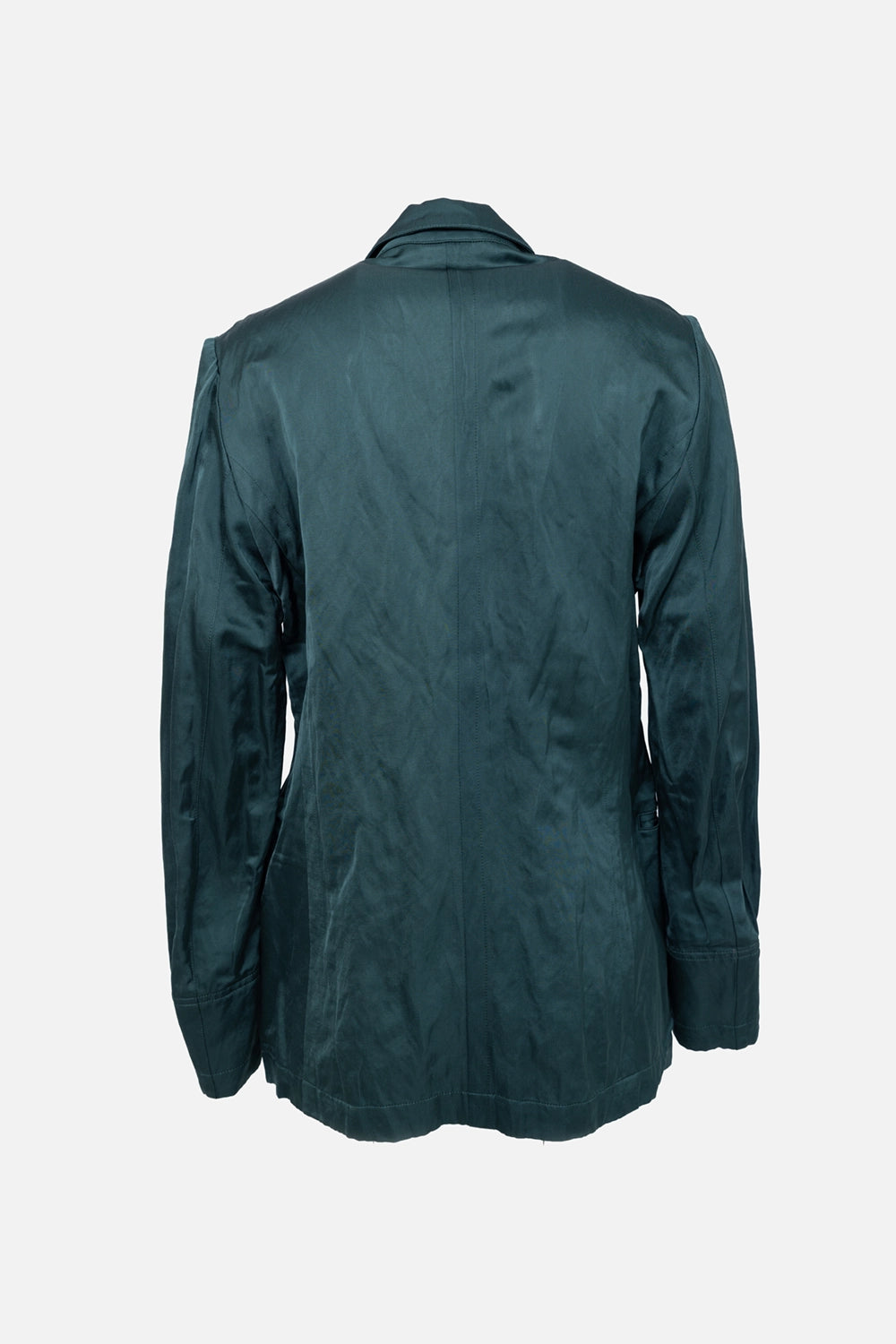 Pre-owned Dries Van Noten women's blazer in dark green, back view, straight hem and center back seam

