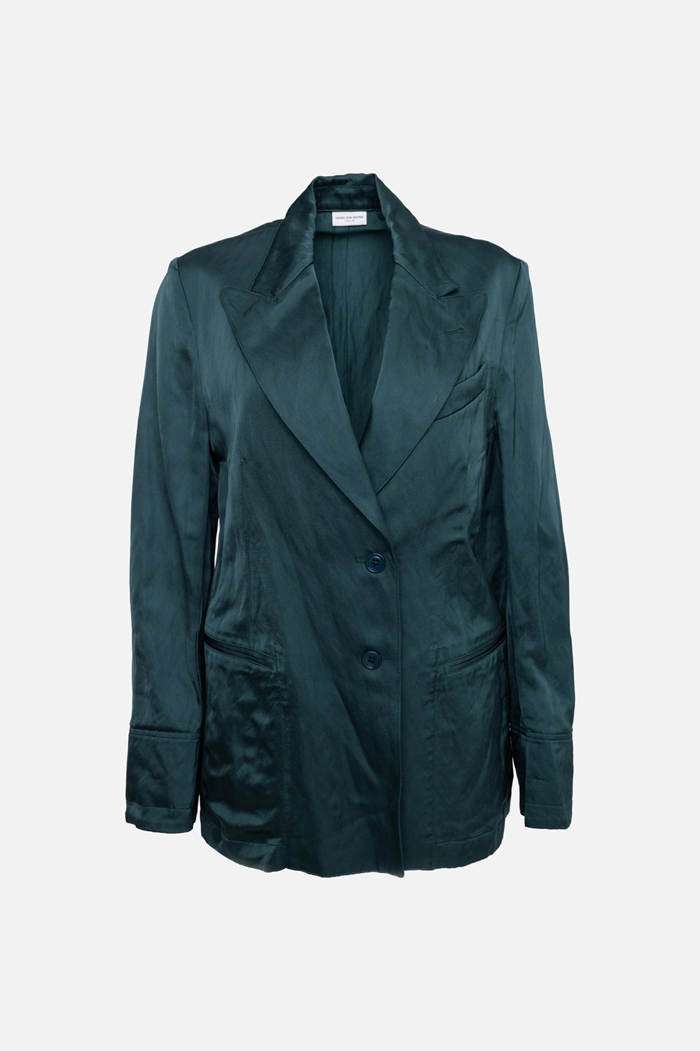 Pre-owned Dries Van Noten women's blazer in dark green, front view, wide lapels and two-button closure
