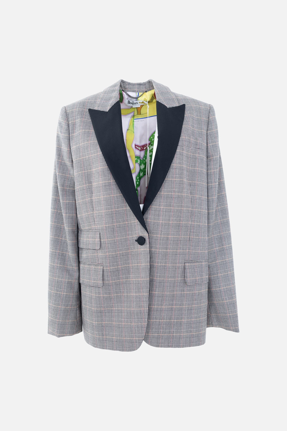 Pre-owned Stella McCartney blazer in grey check, front view, black shawl lapels with one-button closure