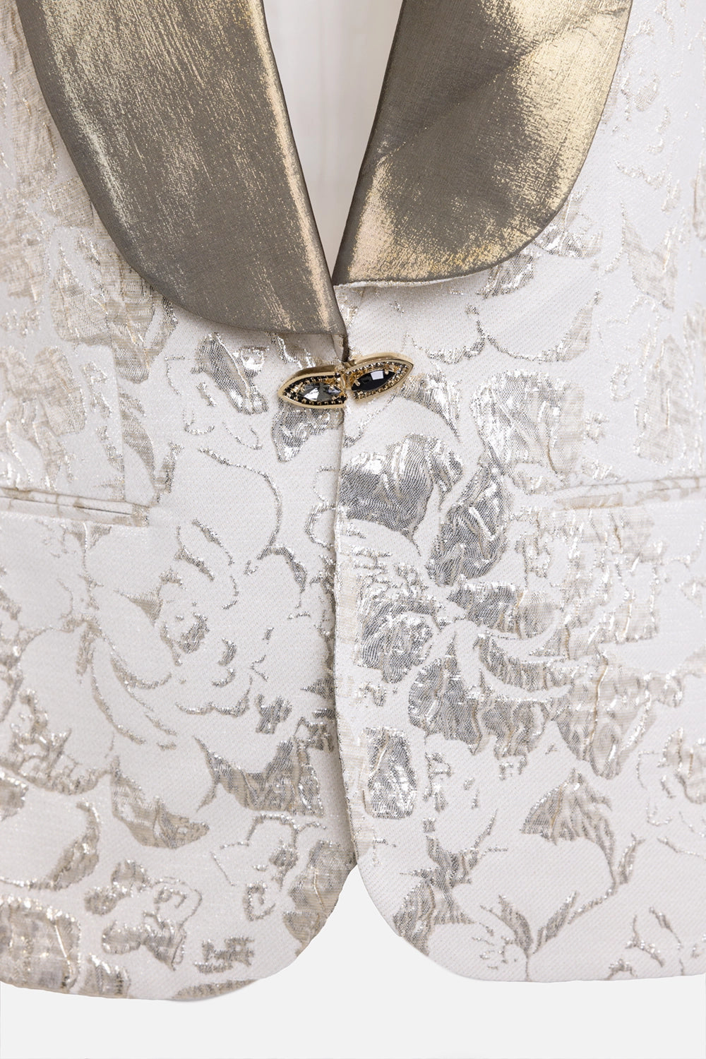 Pre-owned Redemption women's blazer in ivory and gold, front close-up, jewel-set clasp and metallic shawl lapel texture
