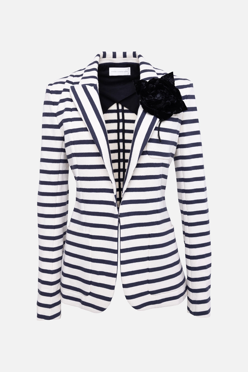 Pre-owned Faith Connexion women's blazer in ivory/navy, front view, black rose brooch on lapel