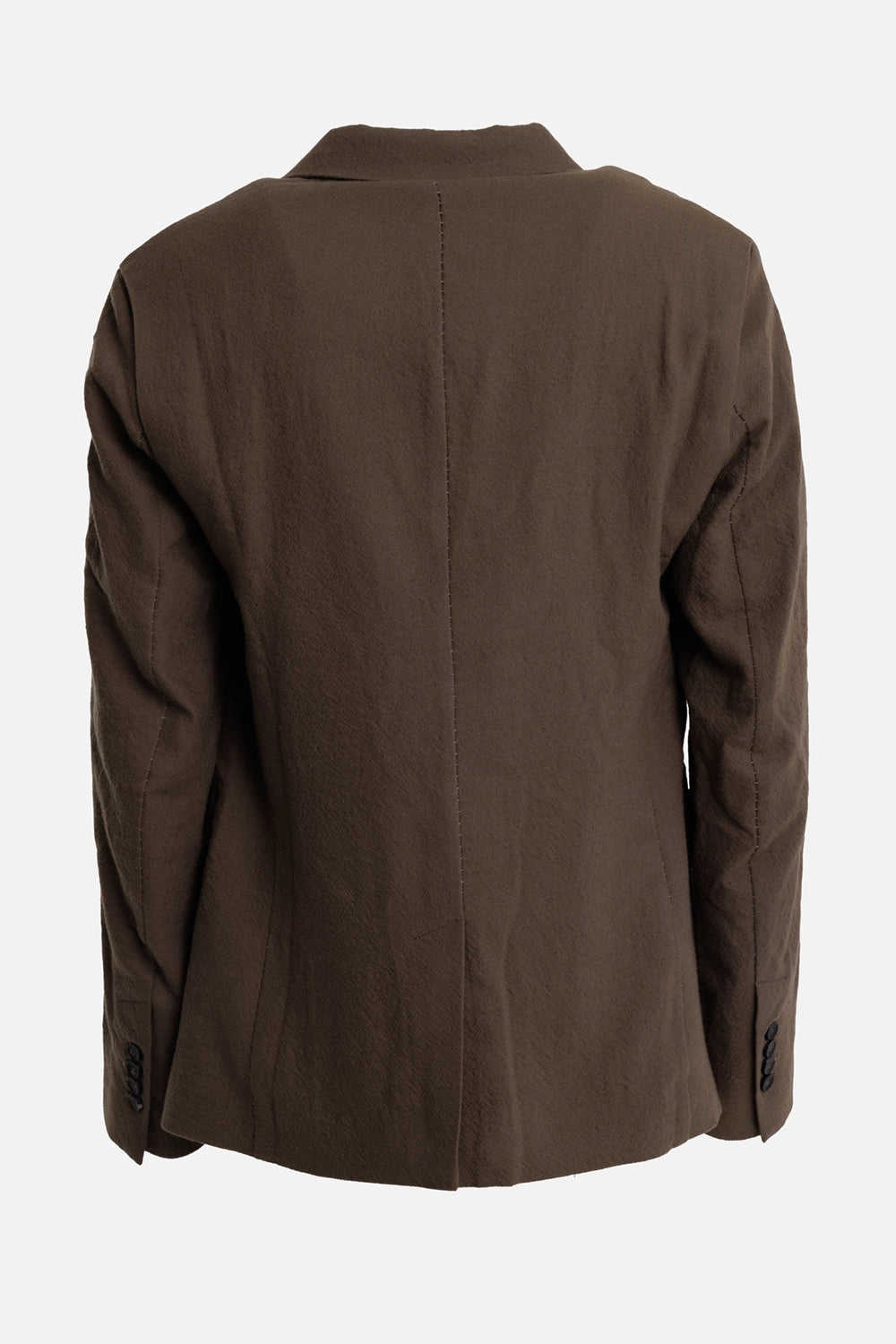 Masnada men's blazer in Marsh, back view with shaped seams, center vent and buttoned cuffs